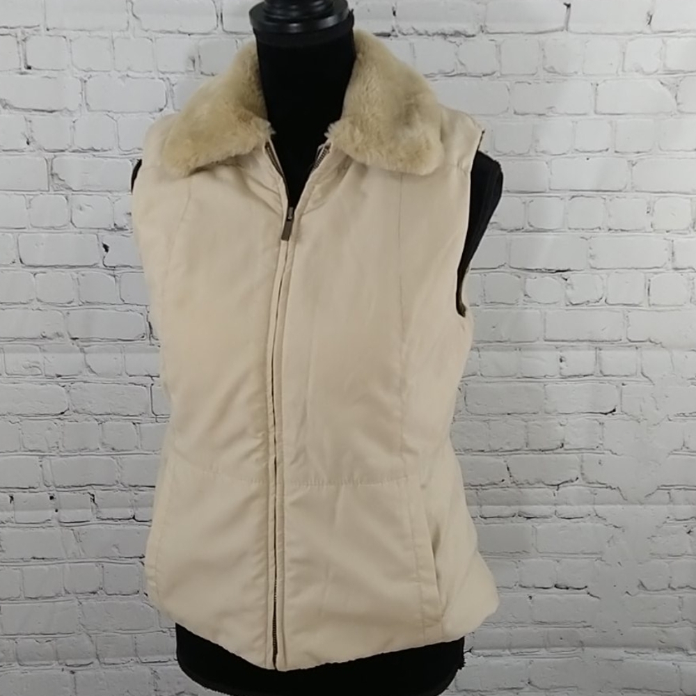 Ann Taylor Faux Fur Collar Fleece Lined Vest